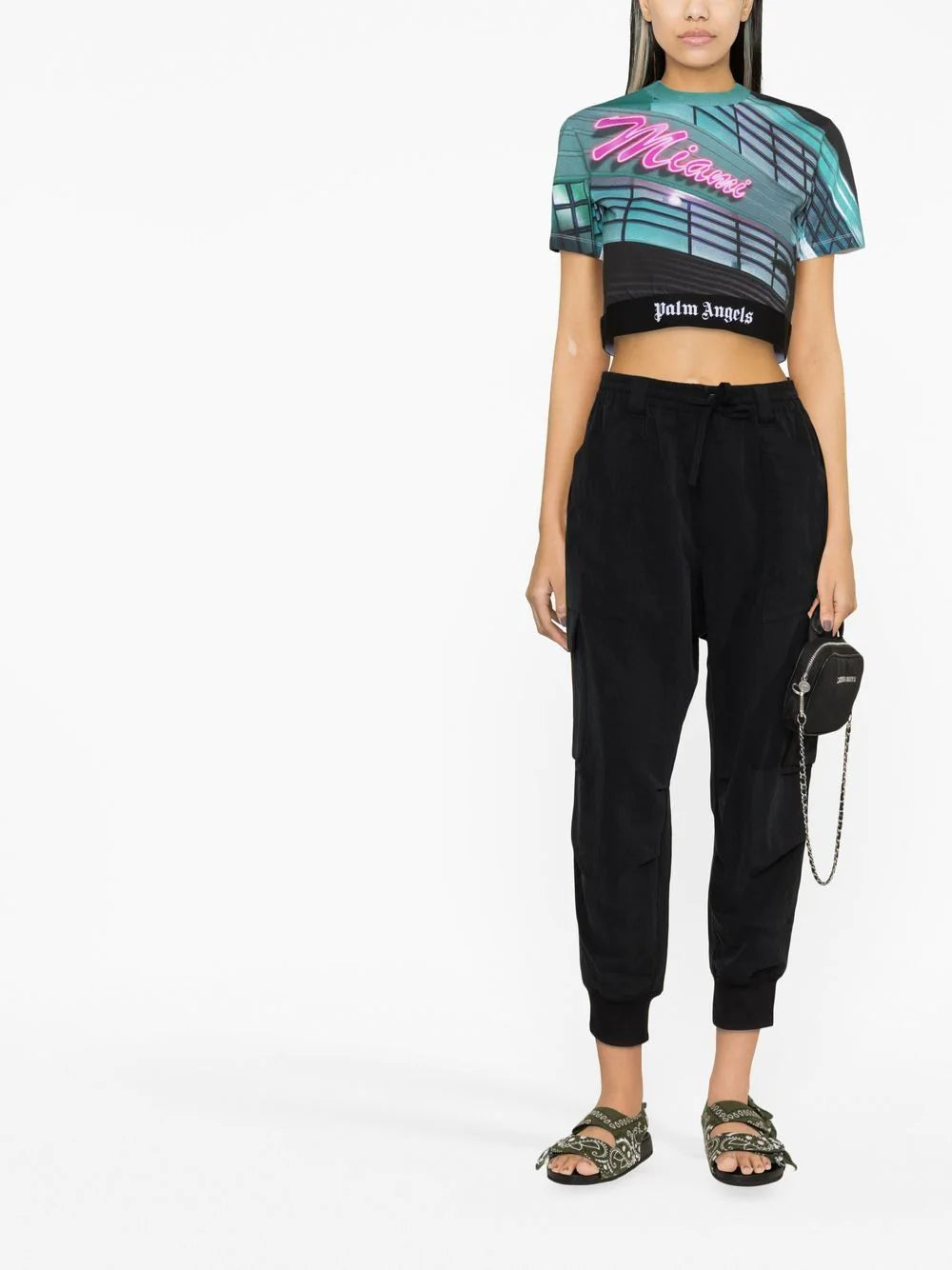 PALM ANGELS WOMEN Miami Cropped Tee White/Multi - MAISONDEFASHION.COM