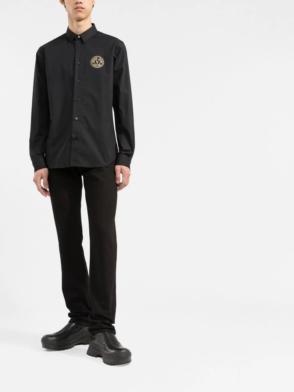 VERSACE V-Emblem Print Logo Shirt Black - MAISONDEFASHION.COM