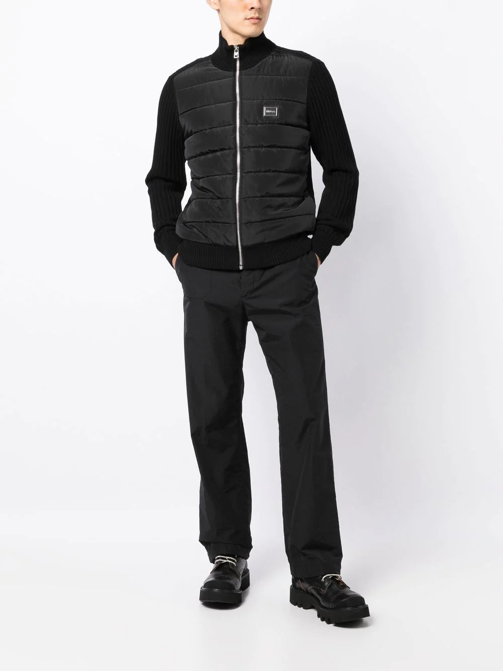 HUGO Ribbed-sleeve Padded Jacket Black - MAISONDEFASHION.COM