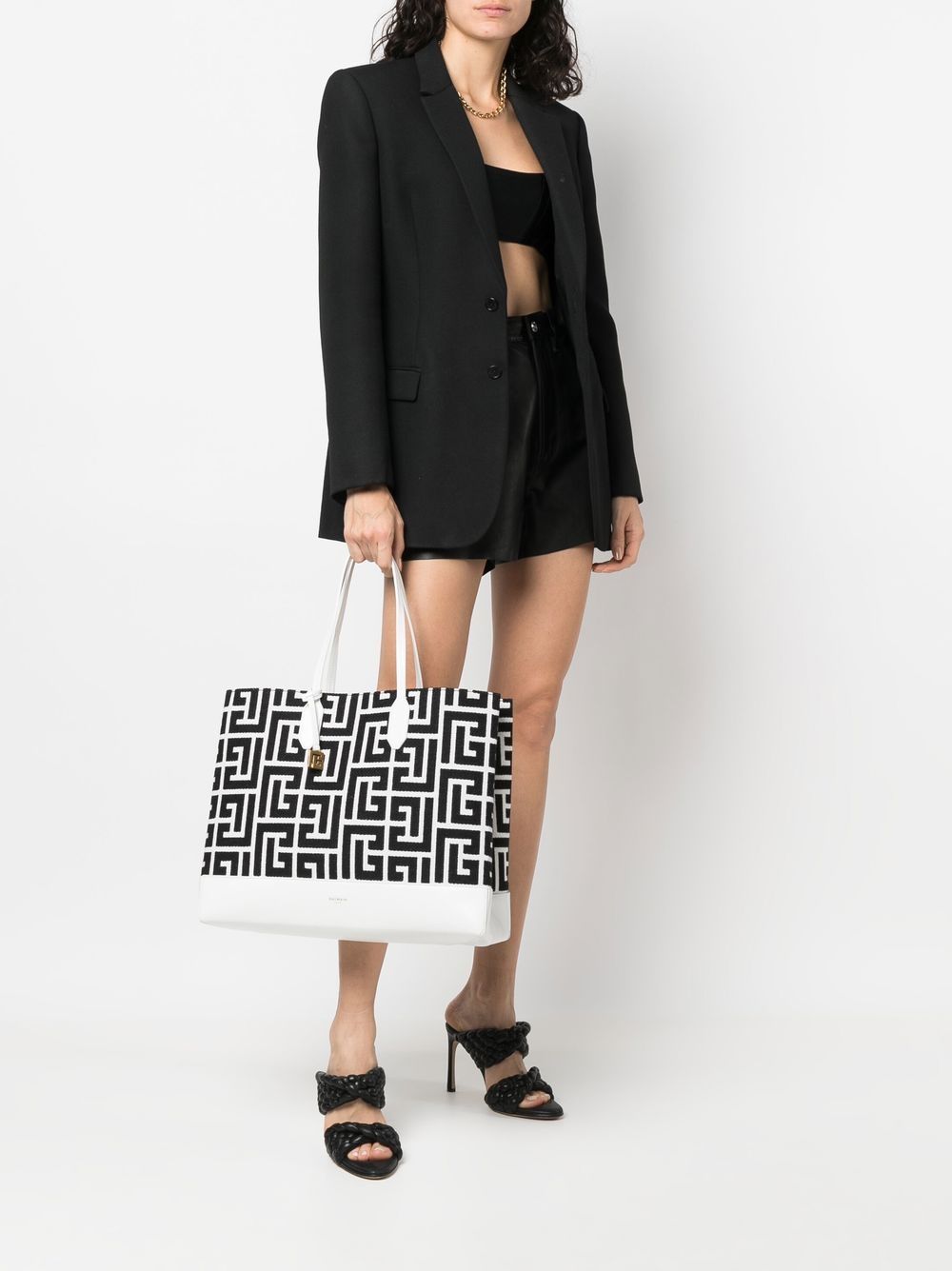 BALMAIN WOMEN Medium monogram jacquard shopping bag White/Black - MAISONDEFASHION.COM
