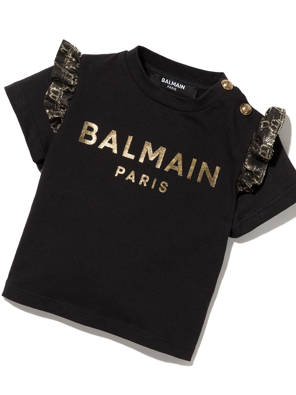BALMAIN BABY Glitter logo ruffled T-shirt Black - MAISONDEFASHION.COM