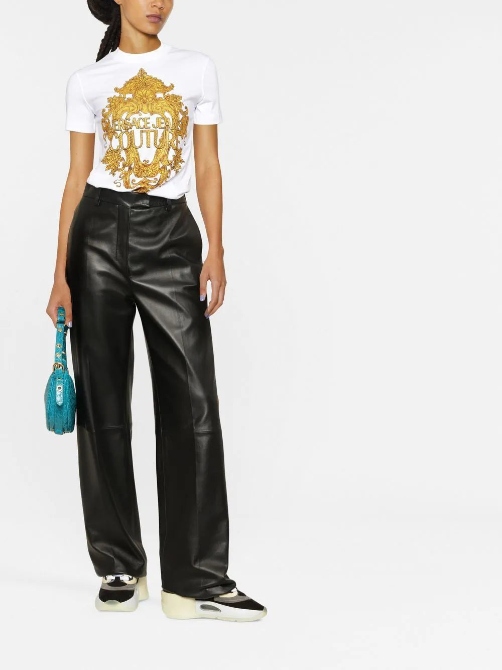 VERSACE WOMEN Baroque Crystal Logo T-Shirt White - MAISONDEFASHION.COM