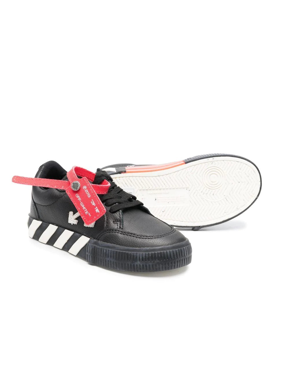 OFF-WHITE KIDS Vulcanized Lace Up Leather Sneakers Black/White - MAISONDEFASHION.COM