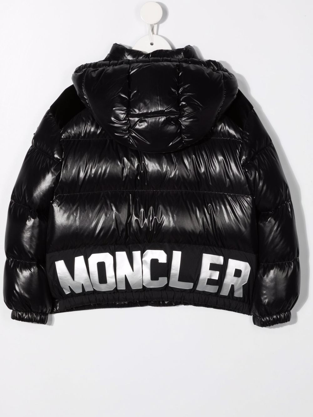 MONCLER KIDS Metallic logo print puffer jacket Black MAISONDEFASHION.COM