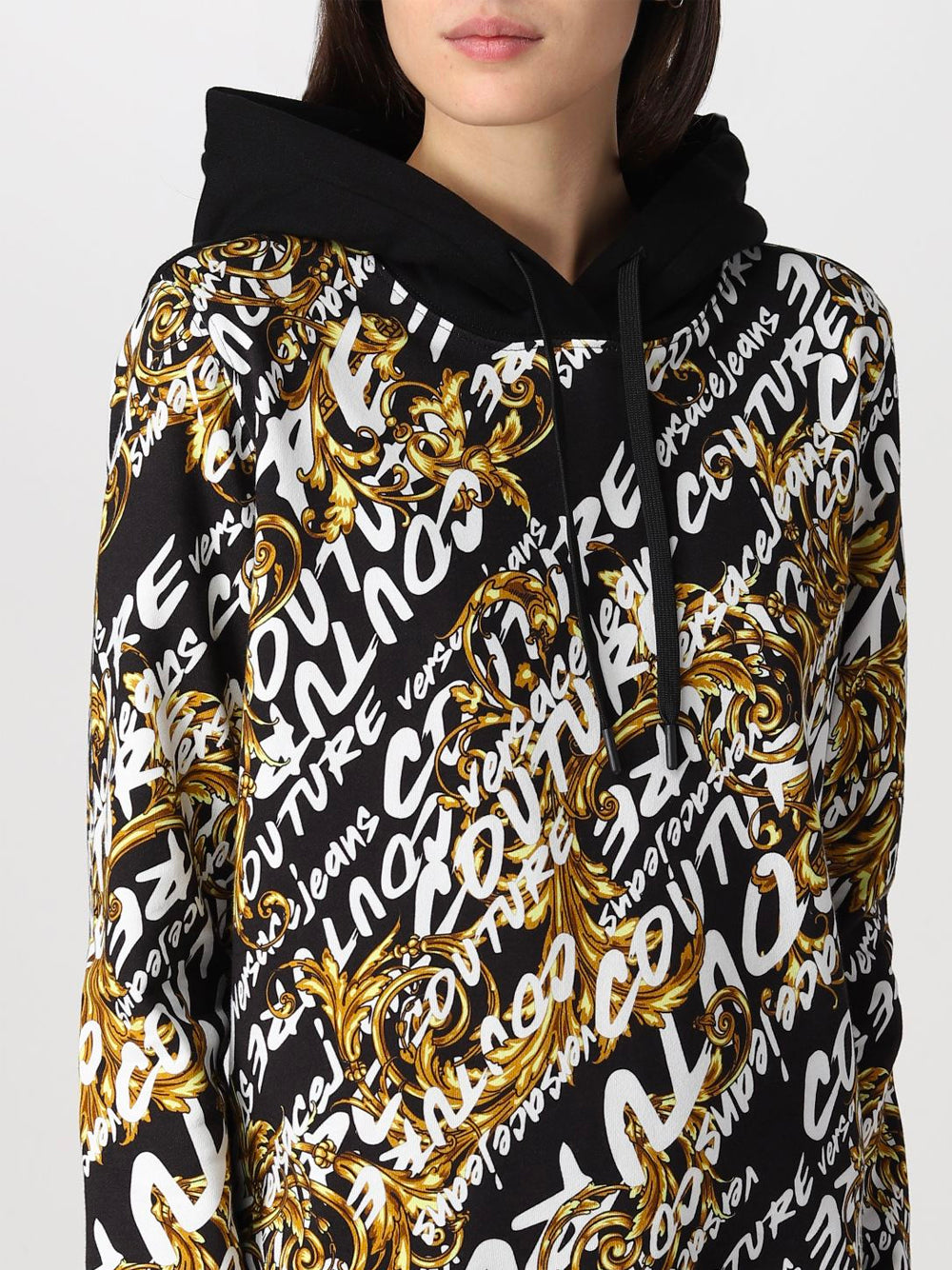 VERSACE WOMEN Baroque Print All Over Logo Hoodie Black - MAISONDEFASHION.COM