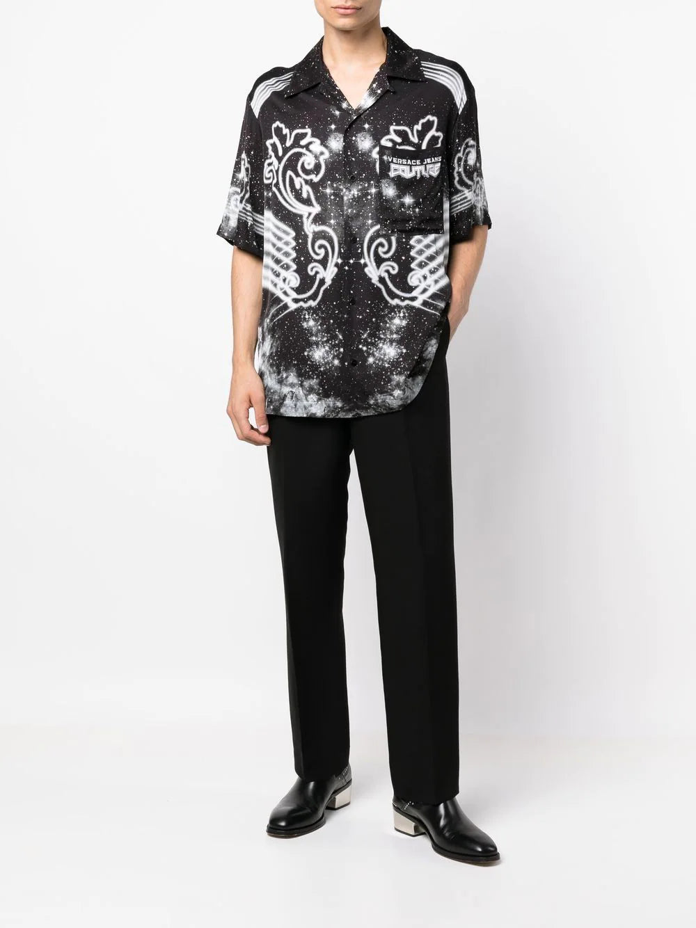 VERSACE Galaxy Print Logo Short Sleeve Shirt Black/White - MAISONDEFASHION.COM