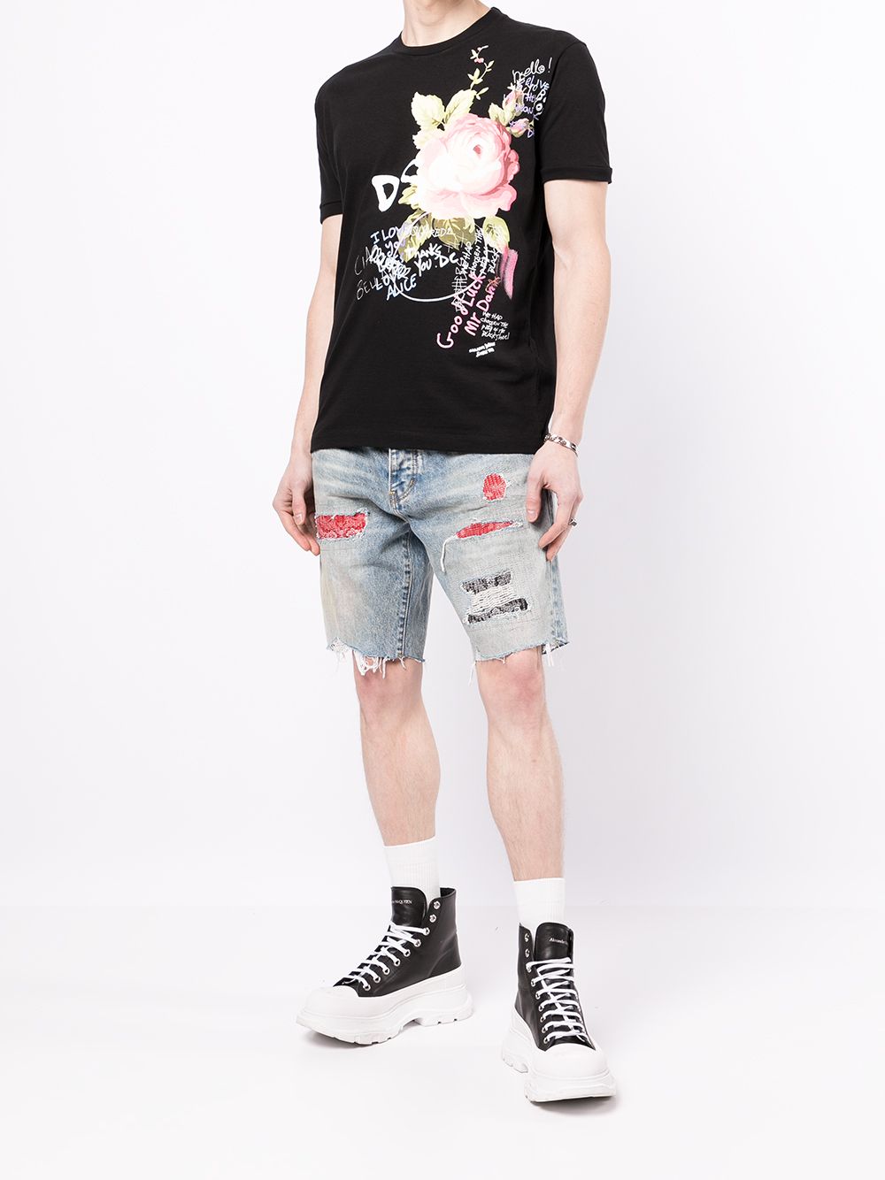 DSQUARED2 Flowers Print T-Shirt Black - MAISONDEFASHION.COM