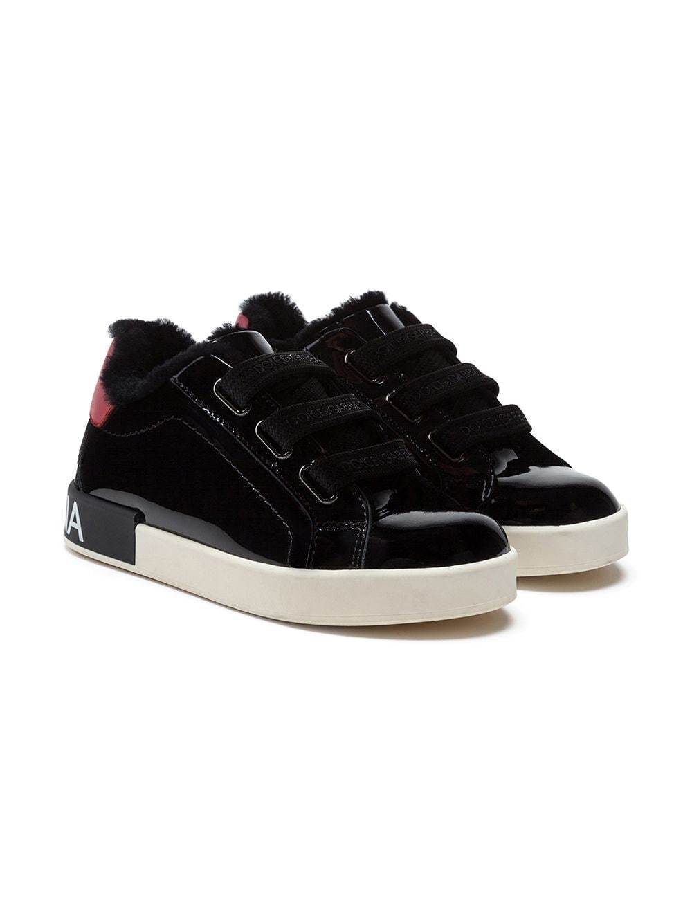Dolce & Gabbana KIDS Patent Leather Logo Sneakers Black - MAISONDEFASHION.COM