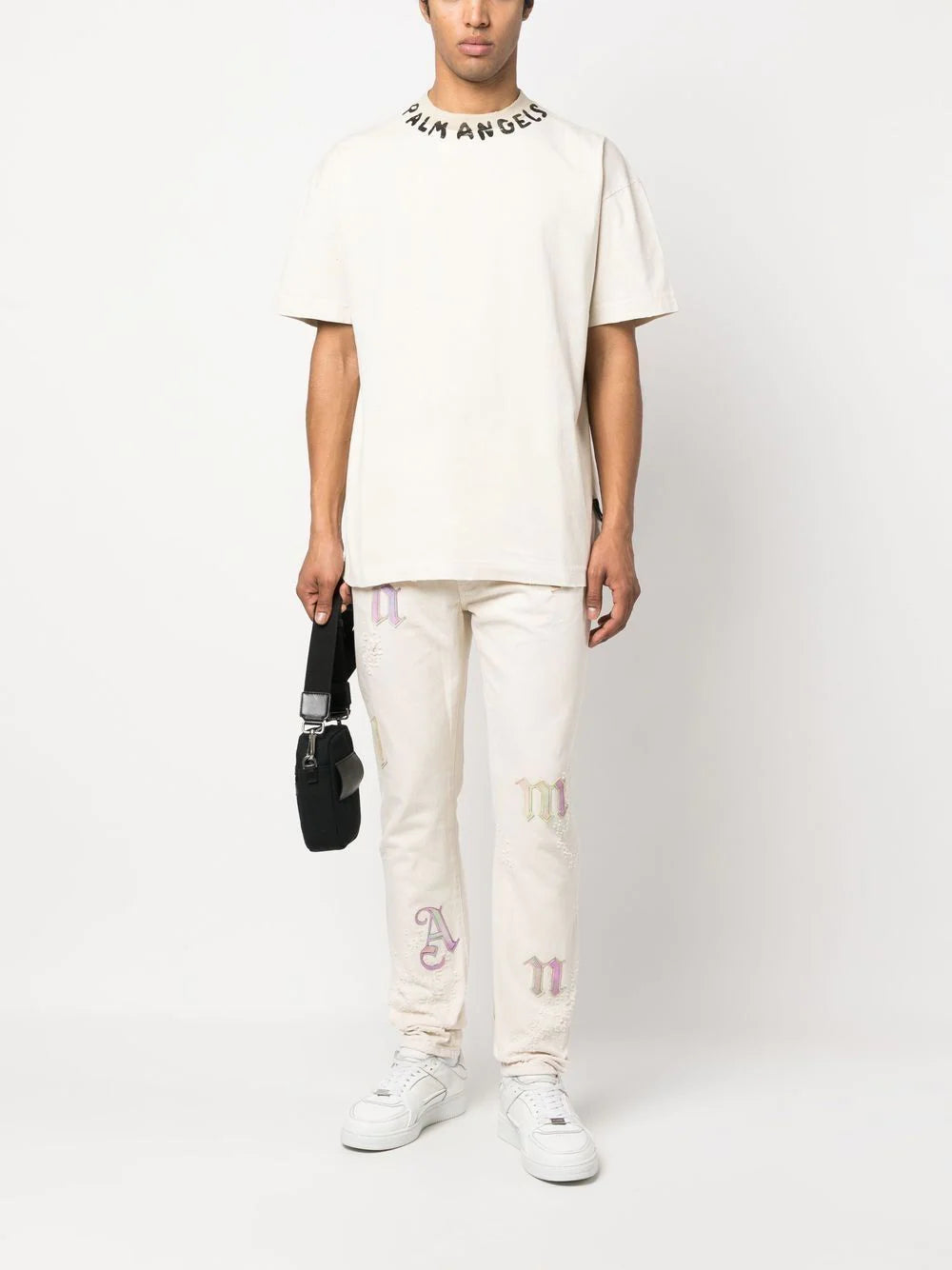 PALM ANGELS Bull Rainbow Logo Patch Reg 5 Pocket Jeans Off White - MAISONDEFASHION.COM