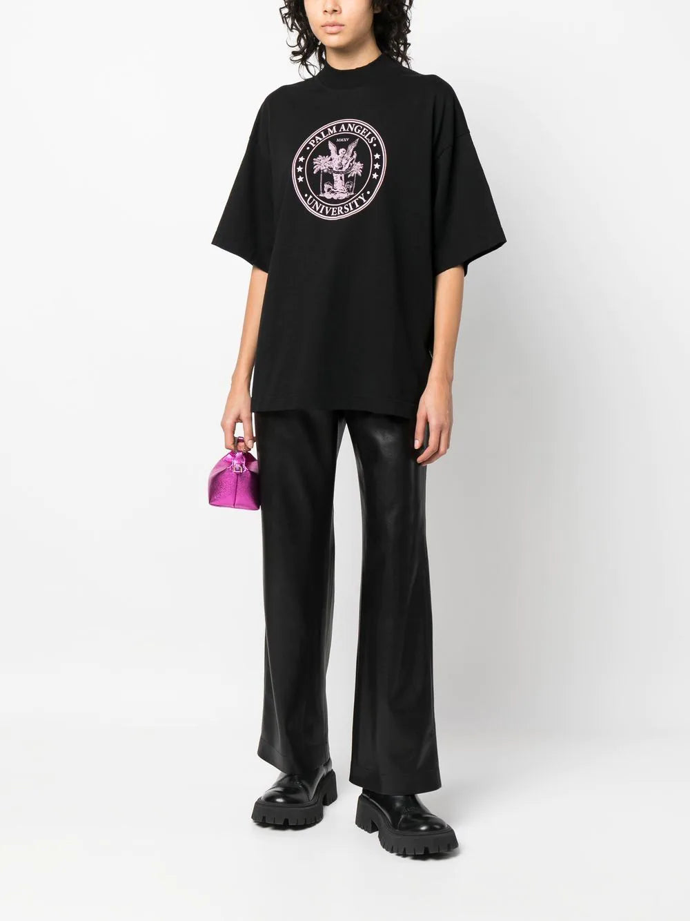 PALM ANGELS WOMEN College Loose Tee Black/Coral - MAISONDEFASHION.COM