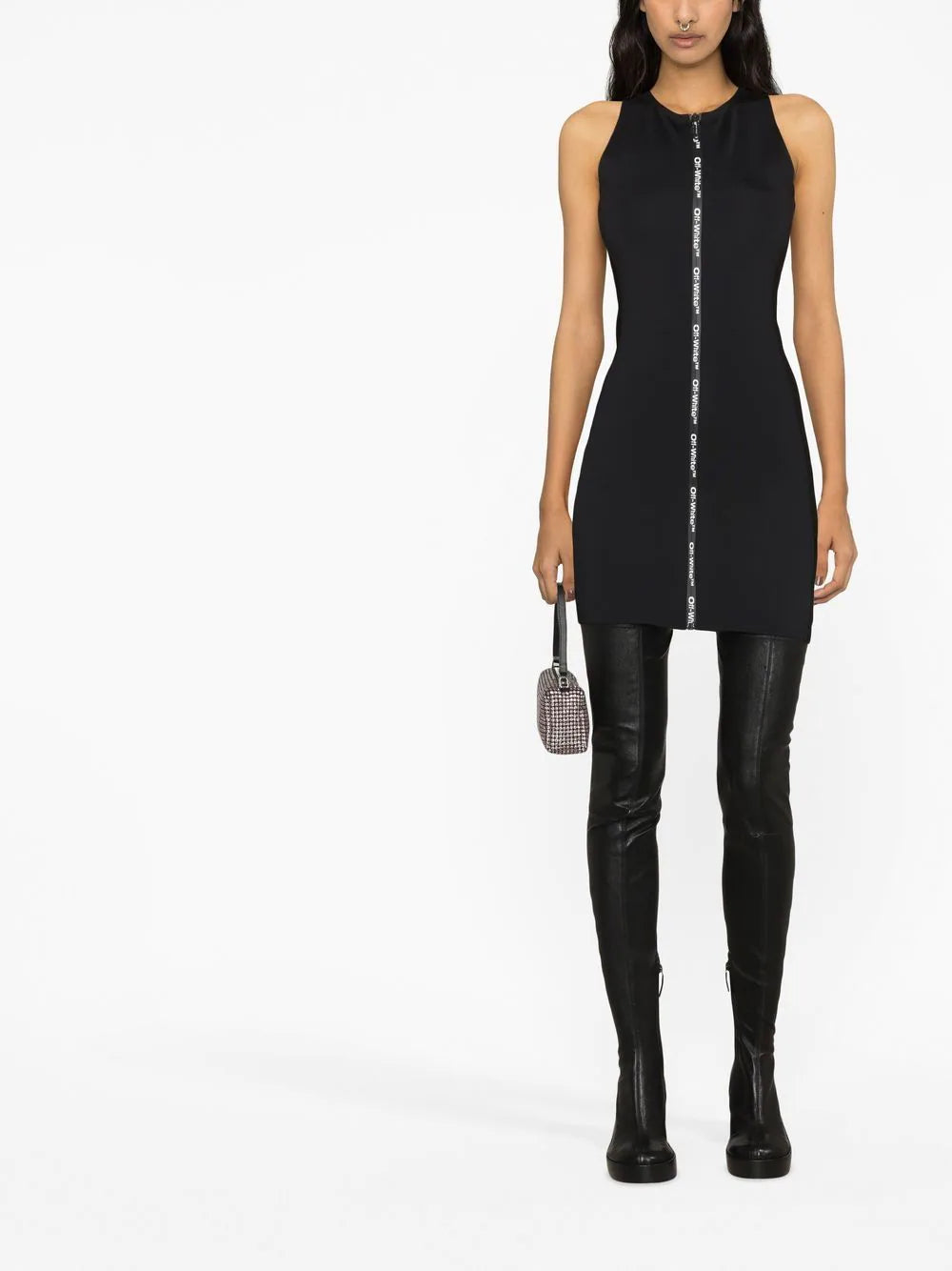 OFF-WHITE WOMEN Scuba Logo Zip Mini Dress Black - MAISONDEFASHION.COM