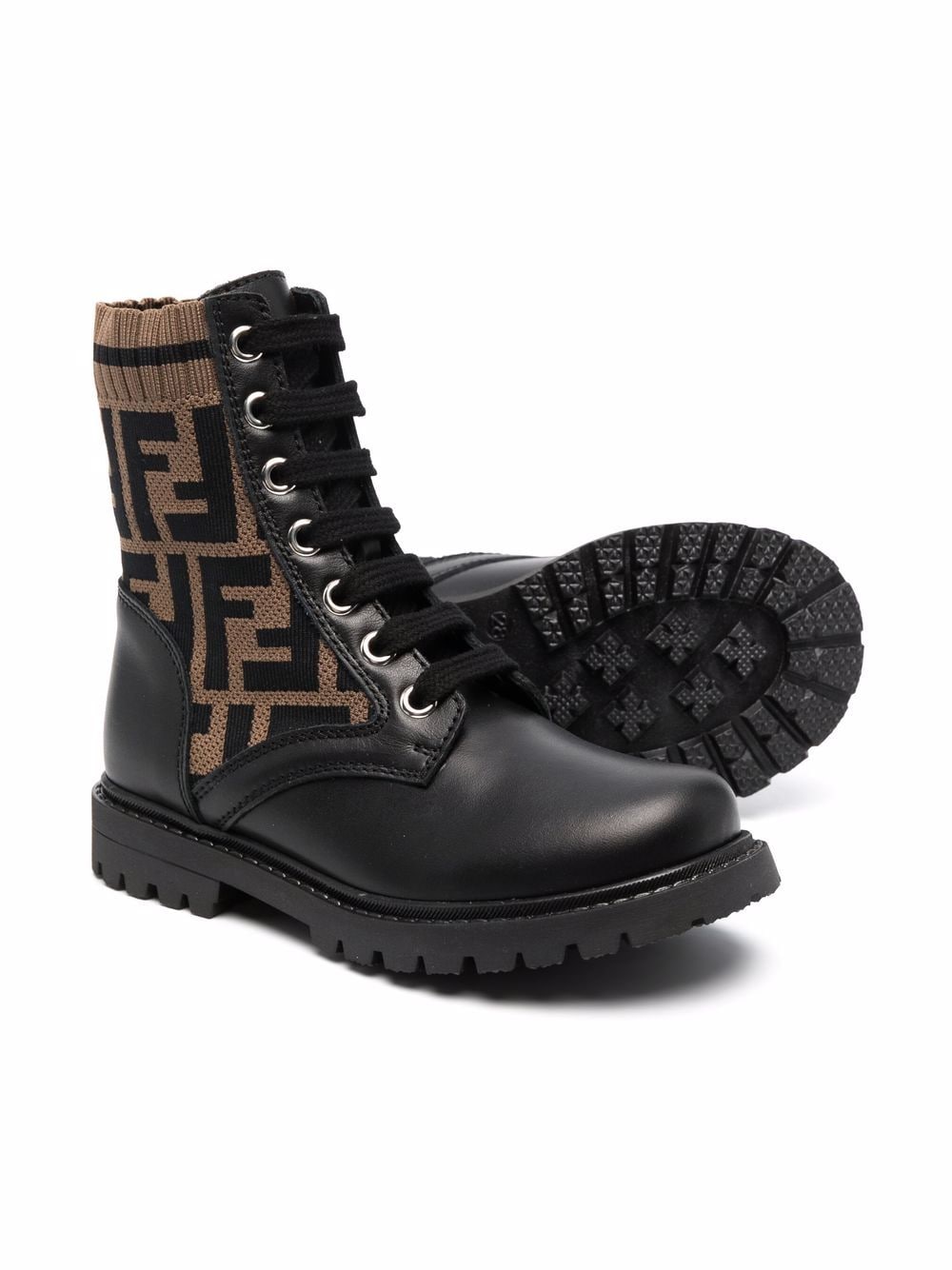 FENDI KIDS FF motif lace-up boots Black/Brown - MAISONDEFASHION.COM