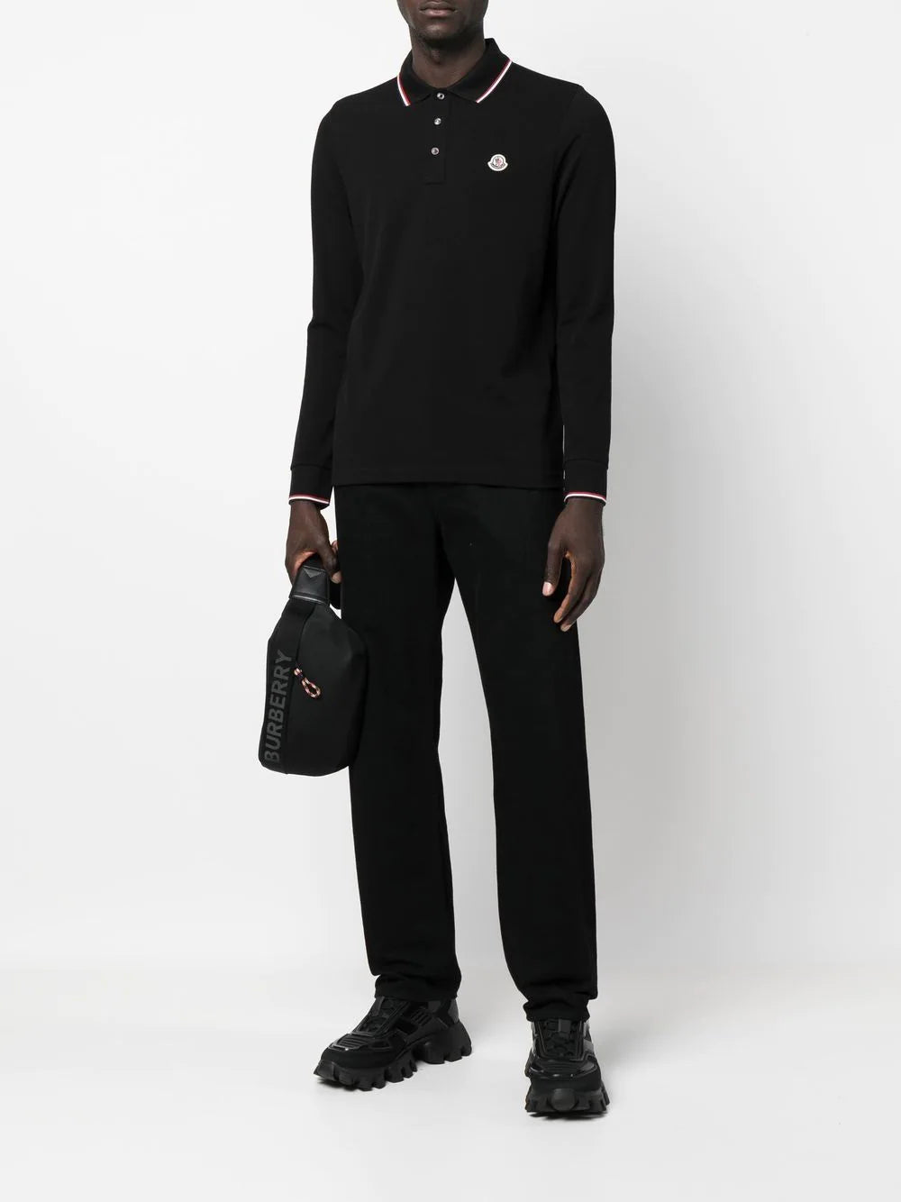 MONCLER Logo Patch Long Sleeve Polo Shirt Black MAISONDEFASHION.COM