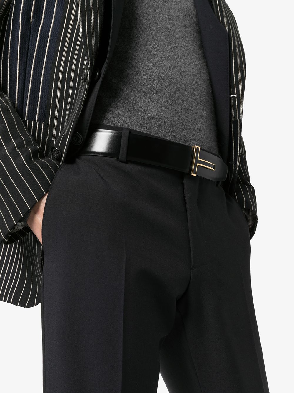 TOM FORD T Logo Belt With Gold Trim Black - MAISONDEFASHION.COM