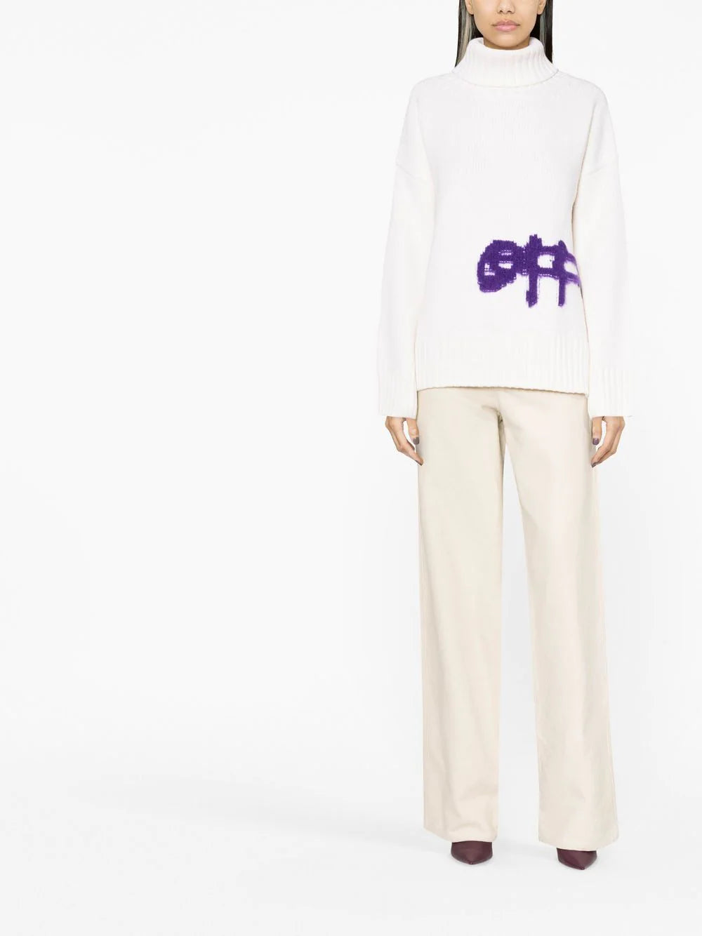 OFF-WHITE WOMEN Intarsia Knit Turtleneck White/Purple - MAISONDEFASHION.COM