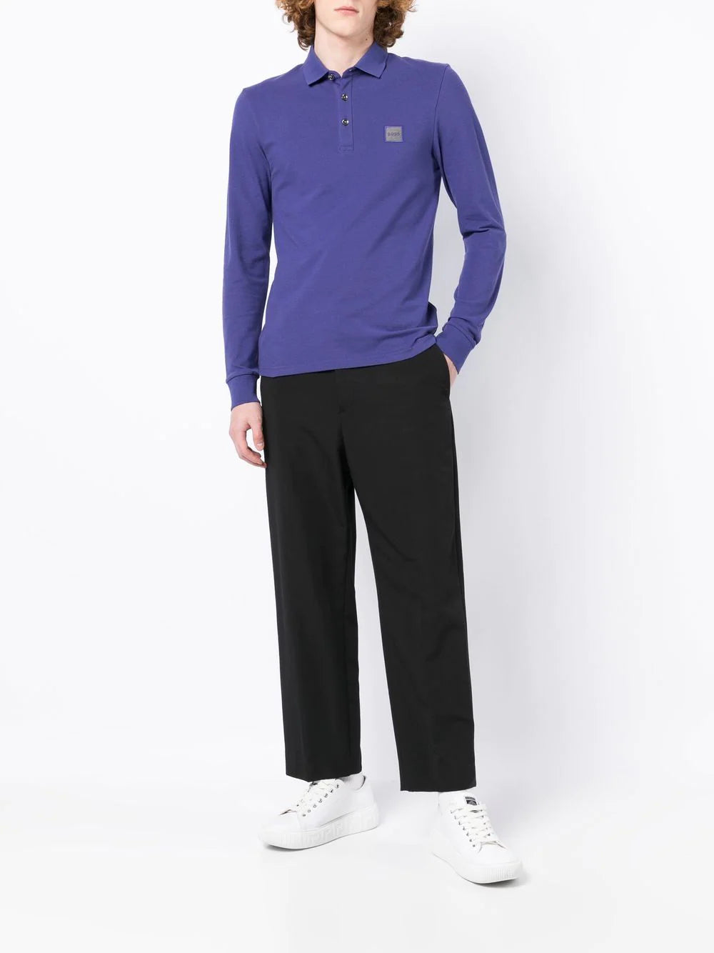 BOSS Logo Patch Long Sleeve Polo Shirt Purple - MAISONDEFASHION.COM