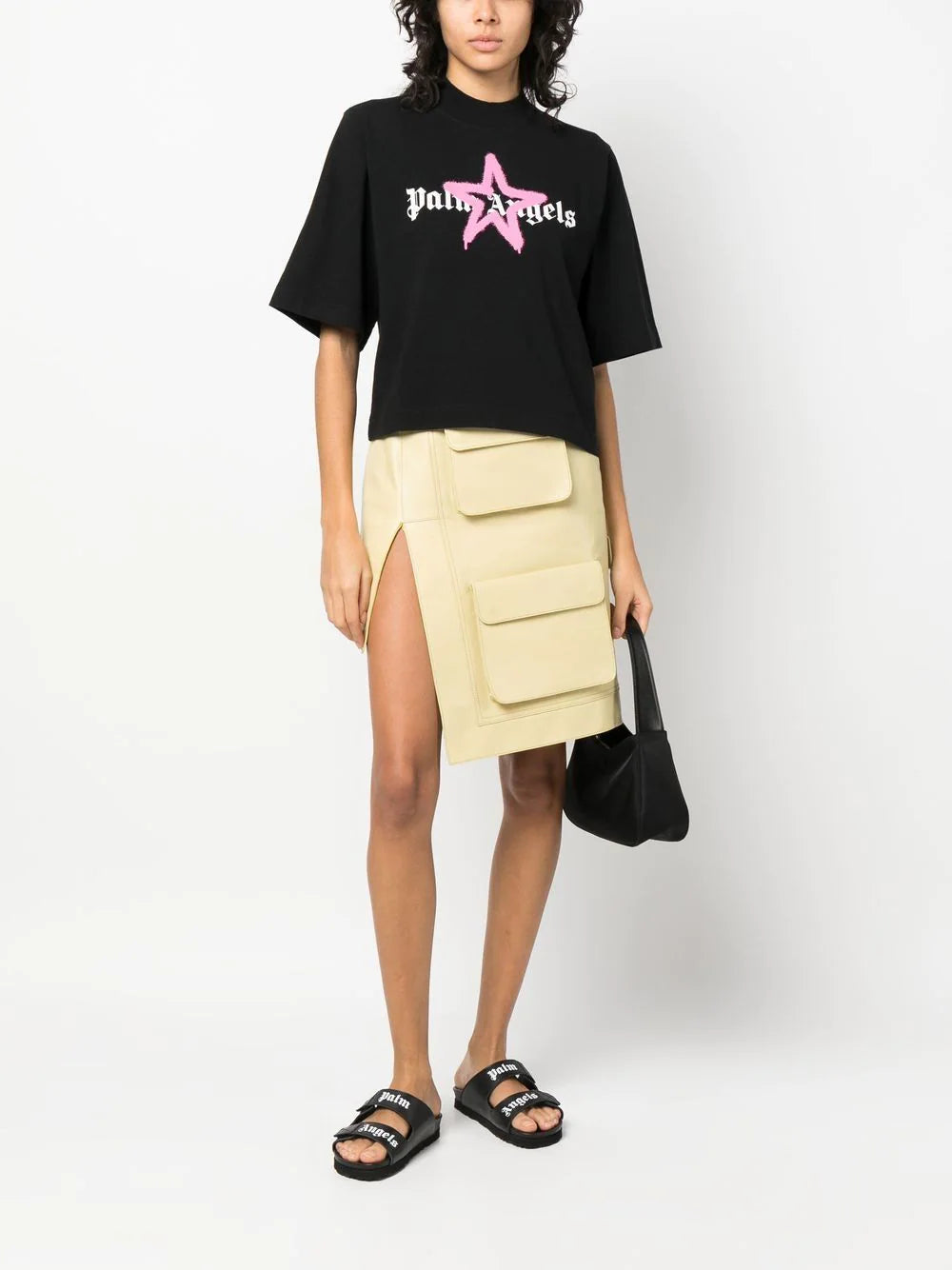 PALM ANGELS WOMEN Star Sprayed Cropped Tee Black/Pink - MAISONDEFASHION.COM