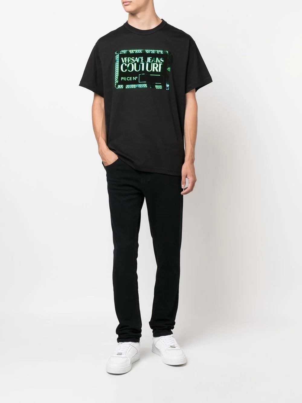 VERSACE Metallic Logo T-Shirt Black - MAISONDEFASHION.COM