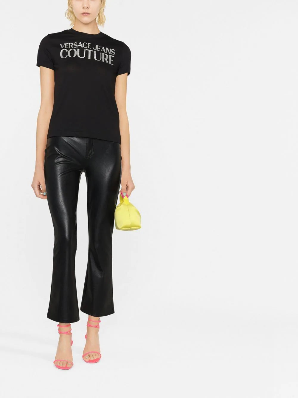 VERSACE WOMEN Foil Logo T-Shirt Black - MAISONDEFASHION.COM