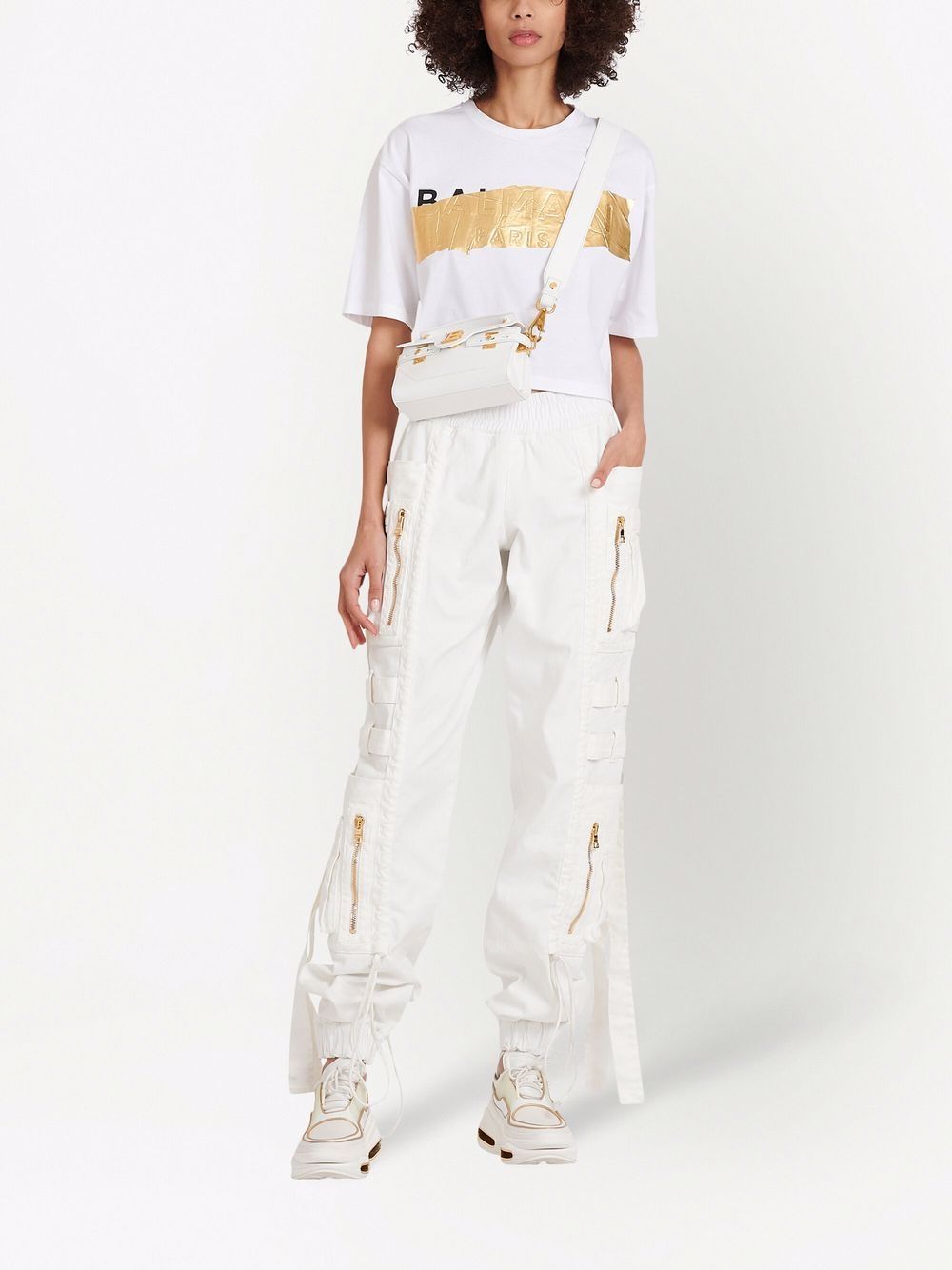 BALMAIN WOMEN Gold Tape Cropped T-Shirt White - MAISONDEFASHION.COM