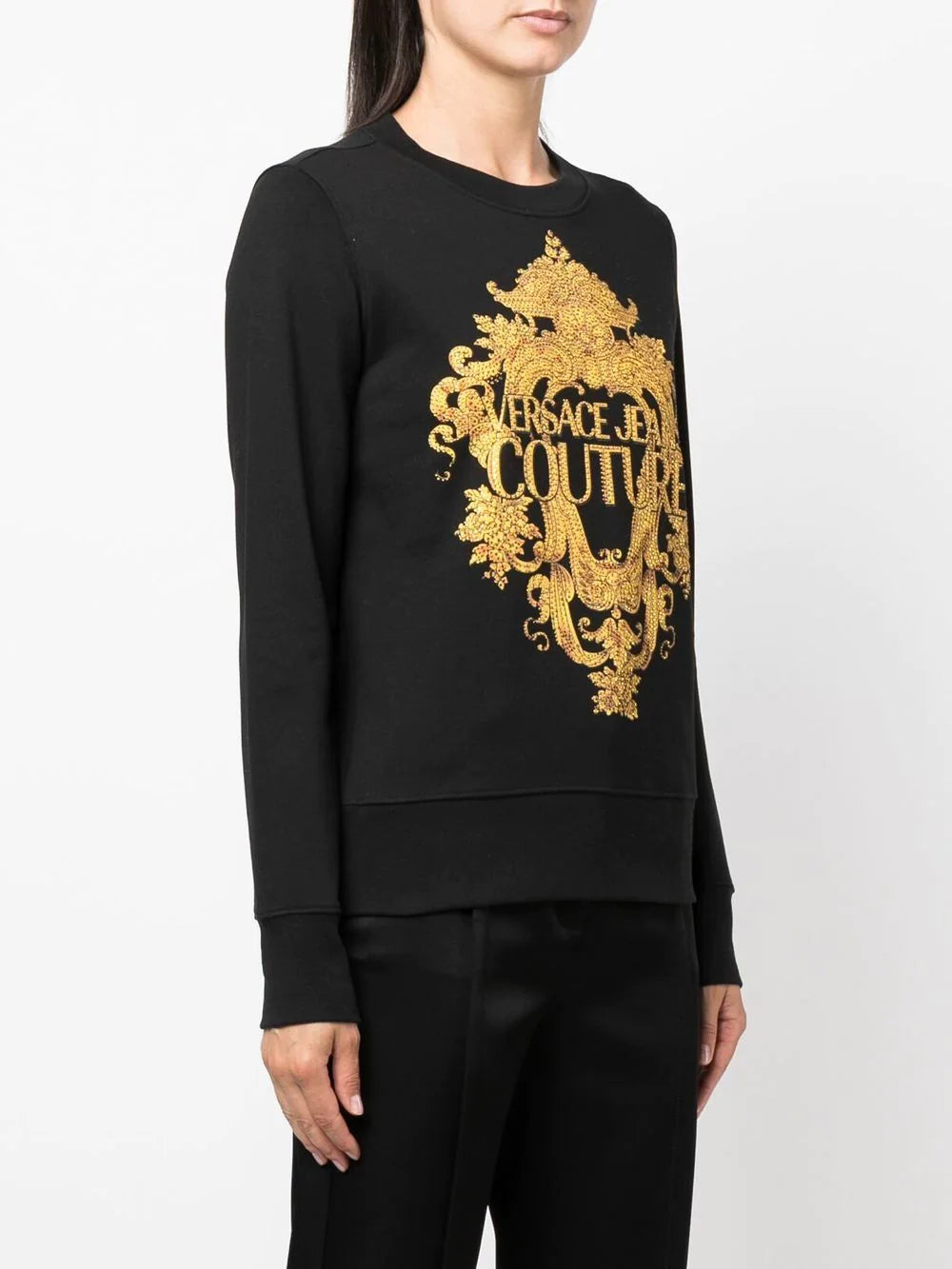 VERSACE WOMEN Baroque Crystal Logo Sweatshirt Black - MAISONDEFASHION.COM