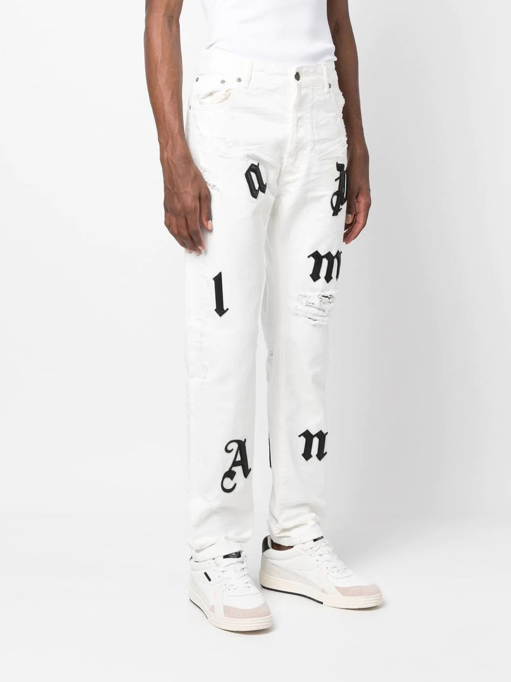 PALM ANGELS Bull Logo Patch Reg 5 Pocket Jeans Off White - MAISONDEFASHION.COM