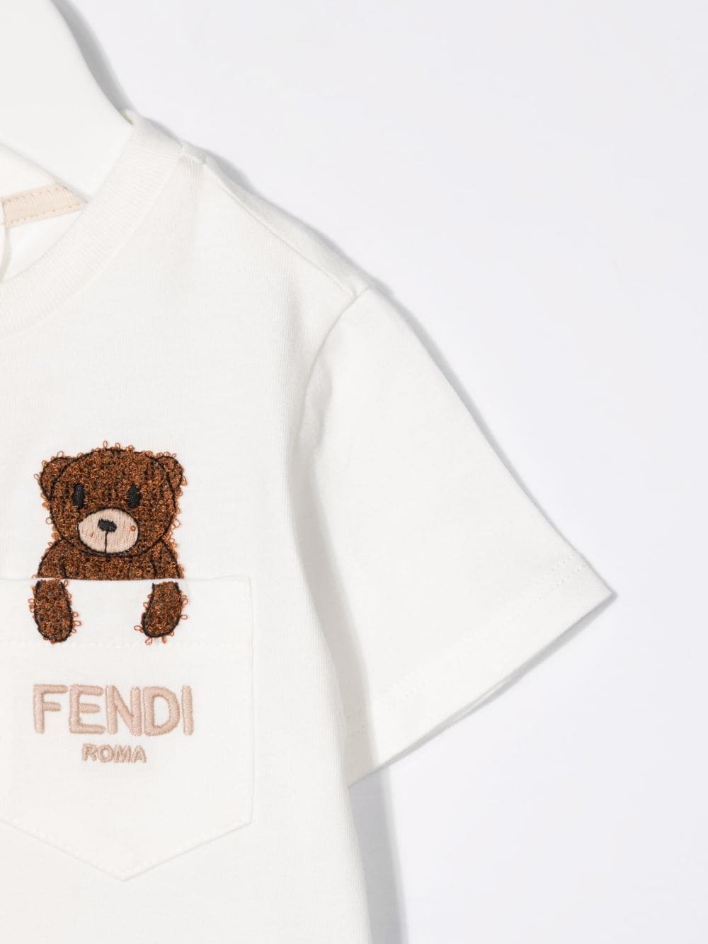 FENDI BABY Teddy Bear Logo Embroidered Pocket T-Shirt White - MAISONDEFASHION.COM