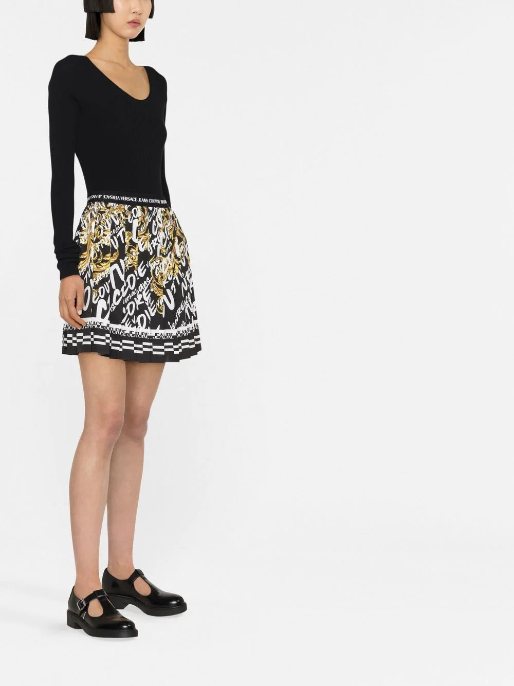 VERSACE WOMEN Baroque Print All Over Logo Skirt Black - MAISONDEFASHION.COM