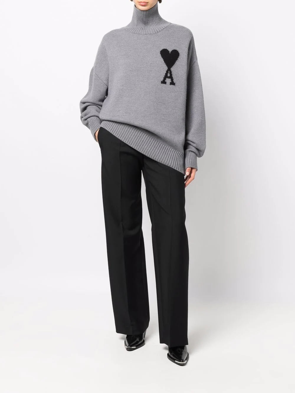 AMI PARIS Ami De Coeur Unisex Funnel Neck Sweater Grey/Black - MAISONDEFASHION.COM