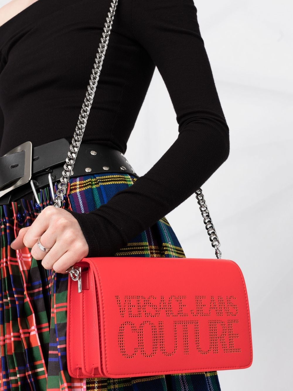 VERSACE JEANS COUTURE WOMEN Perforated-Logo Crossbody Bag Red - MAISONDEFASHION.COM