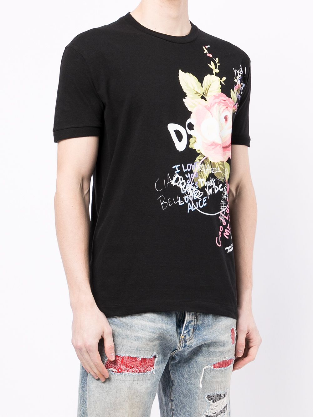 DSQUARED2 Flowers Print T-Shirt Black - MAISONDEFASHION.COM