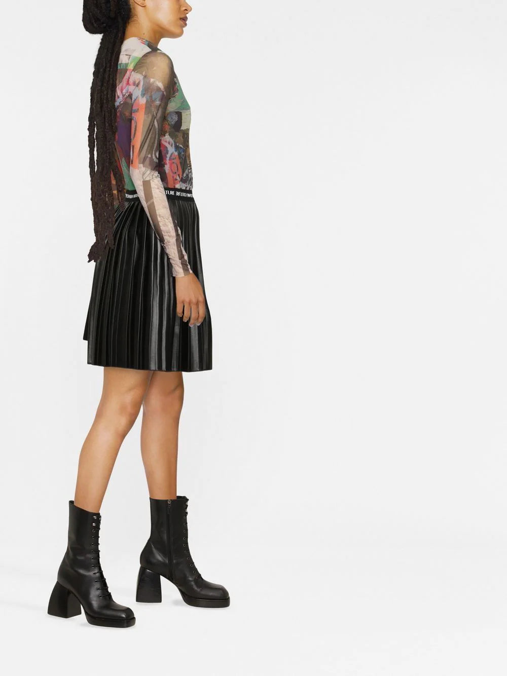 VERSACE WOMEN Logo Faux Leather Skirt Black - MAISONDEFASHION.COM