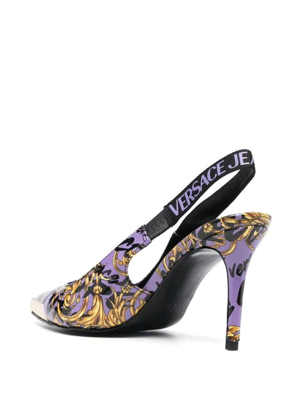 VERSACE WOMEN Baroque Print Pumps Purple/Gold - MAISONDEFASHION.COM