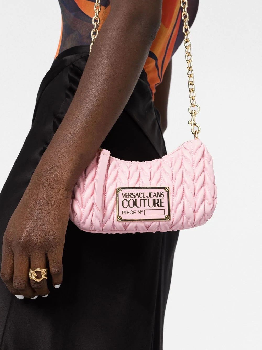 VERSACE WOMEN Logo Plaque Crunchy Crossbody Bag Pink/Gold - MAISONDEFASHION.COM