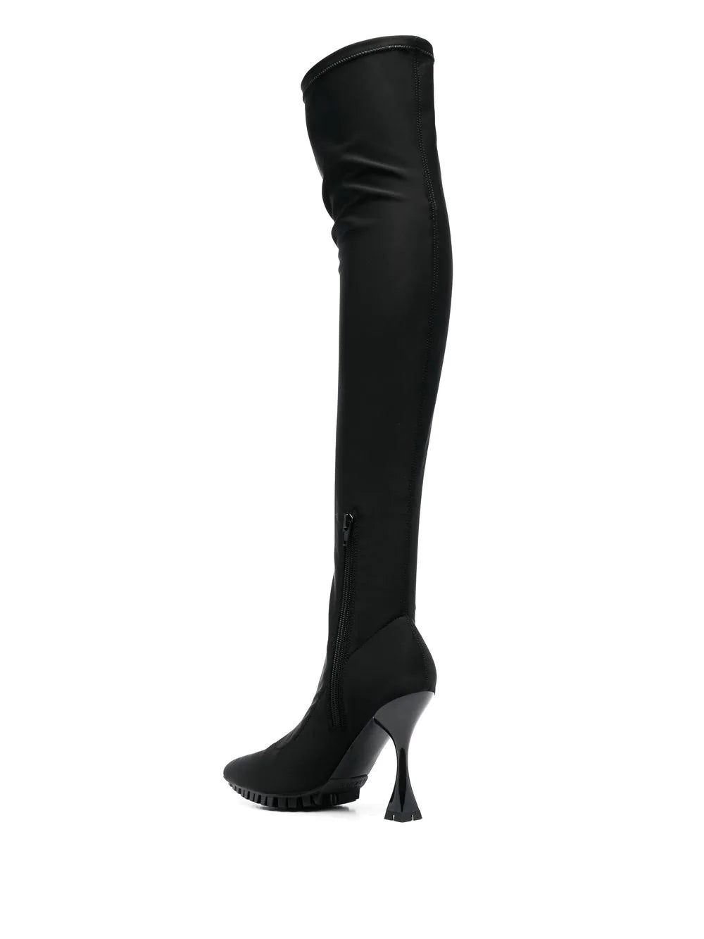 VERSACE WOMEN Logo Print Thigh Heeled Boots Black - MAISONDEFASHION.COM