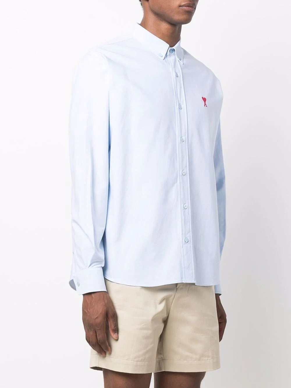 AMI PARIS Button-Down Logo Shirt Sky Blue - MAISONDEFASHION.COM