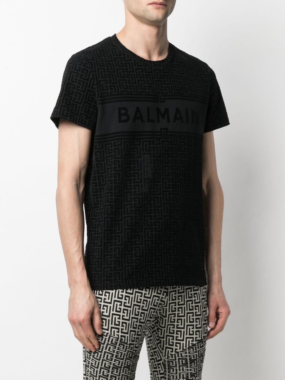 BALMAIN Flocked-monogram T-shirt Black - MAISONDEFASHION.COM