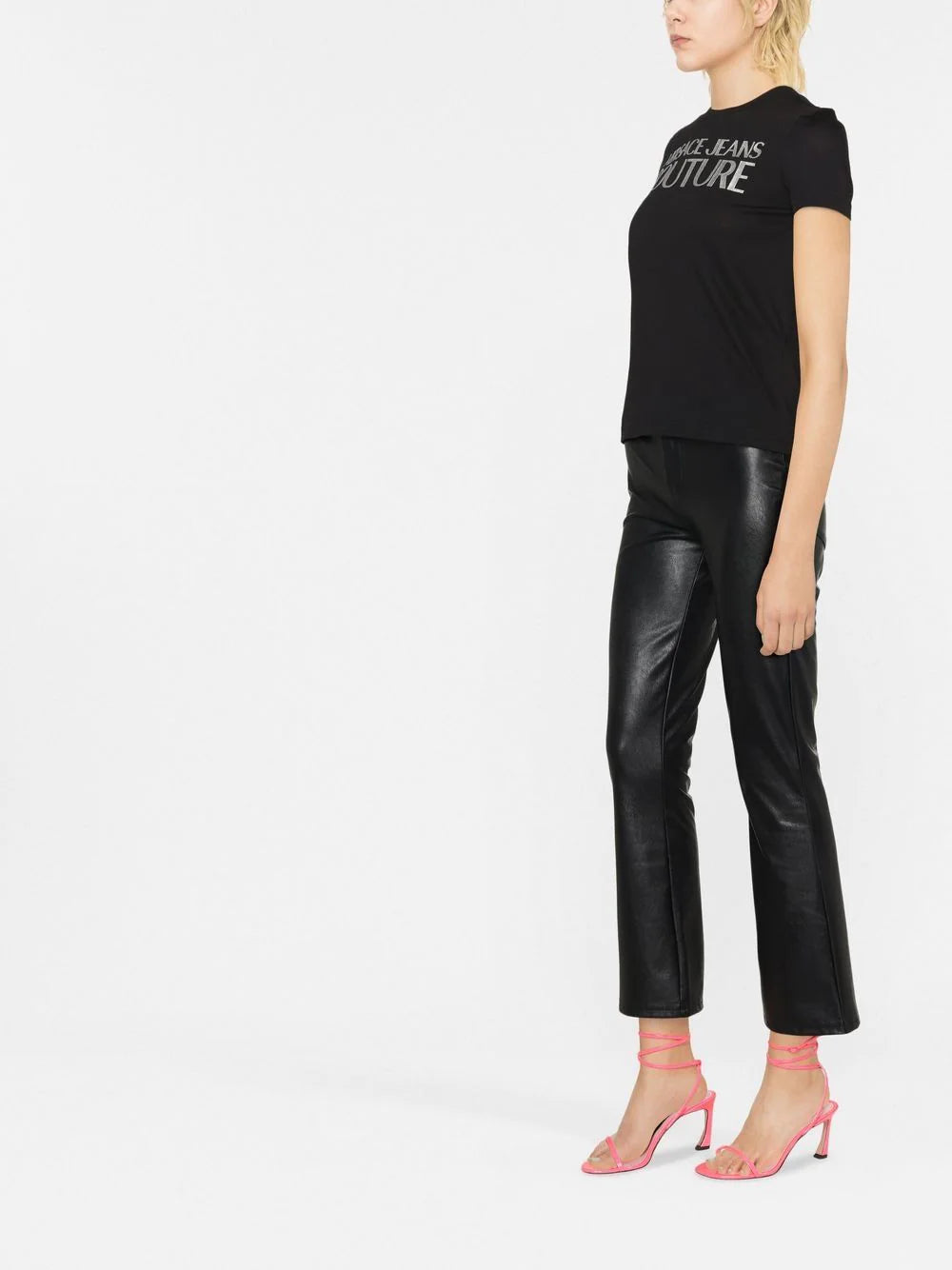 VERSACE WOMEN Foil Logo T-Shirt Black - MAISONDEFASHION.COM