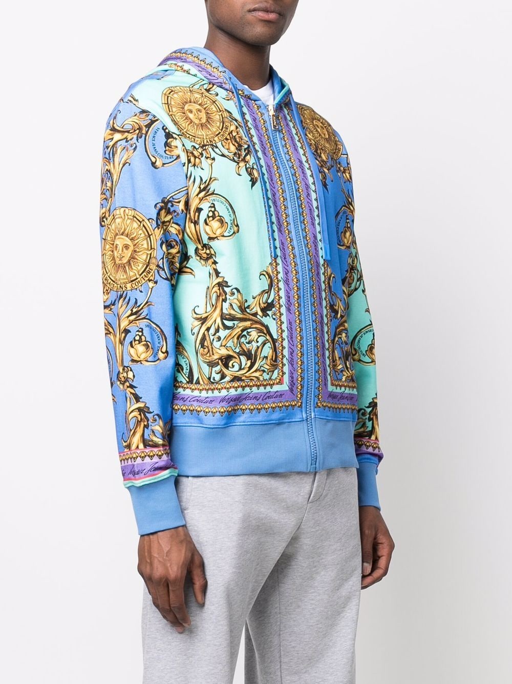 VERSACE Baroque-print zip-through hooded sweatshirt Blue - MAISONDEFASHION.COM