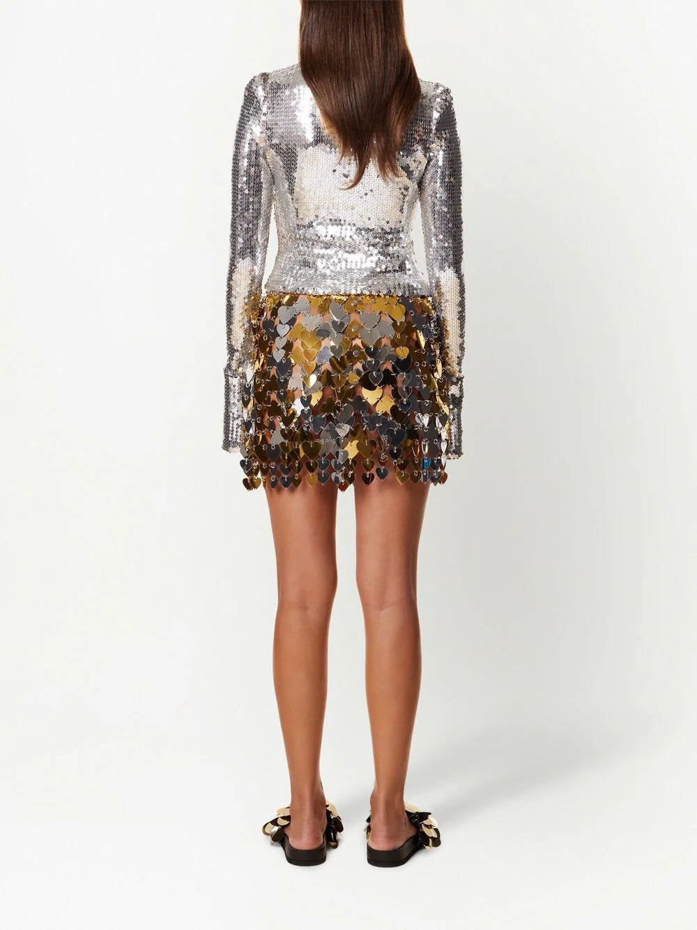 PACO RABANNE Frill Neck Sequin Long Sleeve Top Silver - MAISONDEFASHION.COM