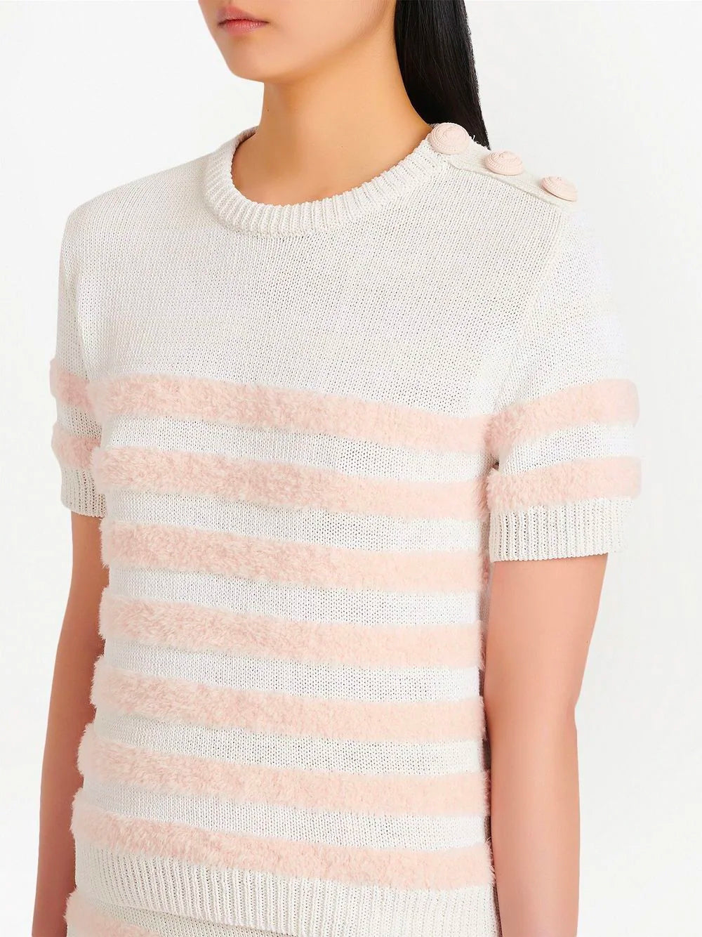 BALMAIN WOMEN Striped Knit Top Pink/White - MAISONDEFASHION.COM