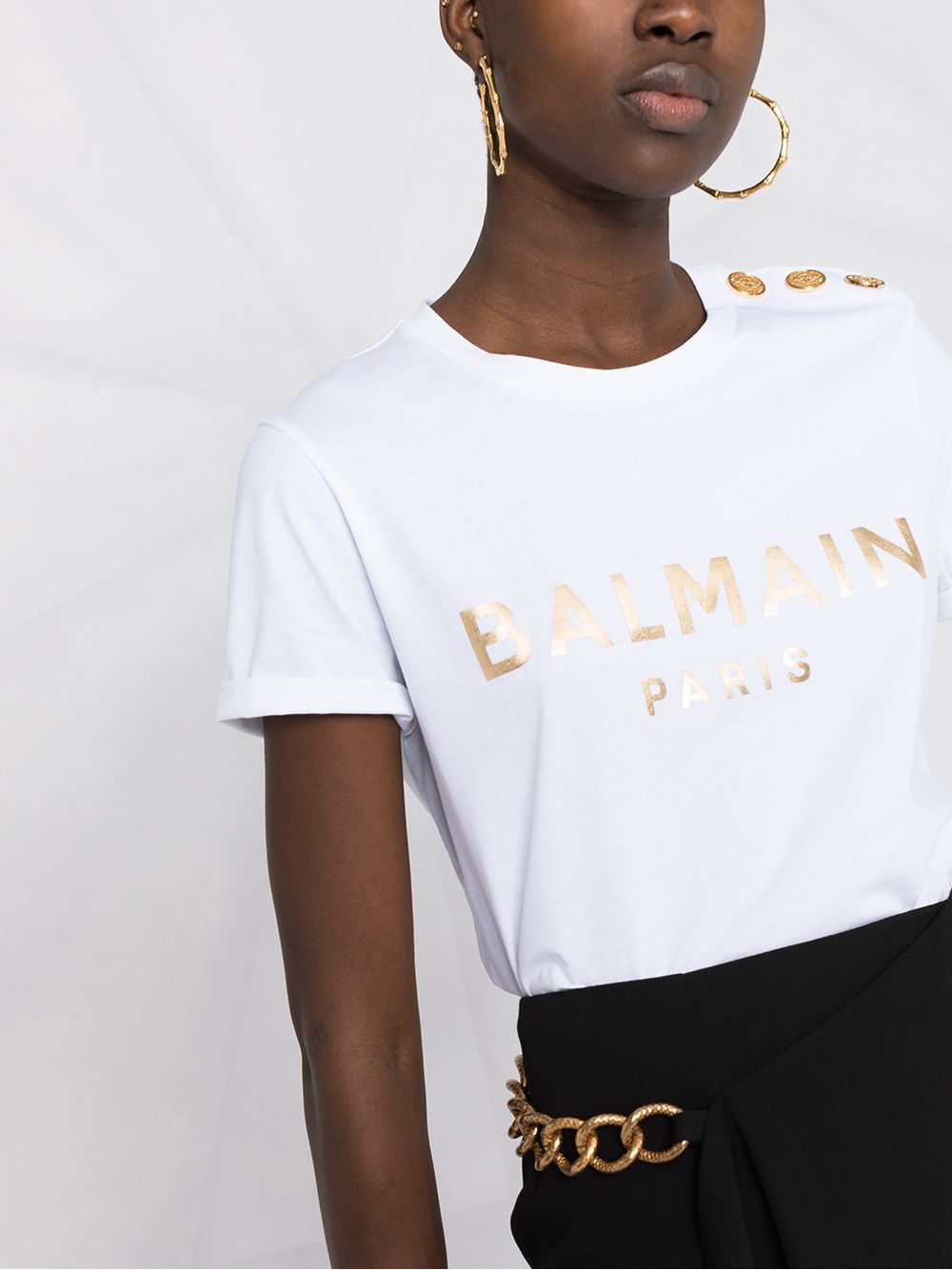 BALMAIN WOMEN Metallic-logo button-embellished T-shirt White - MAISONDEFASHION.COM