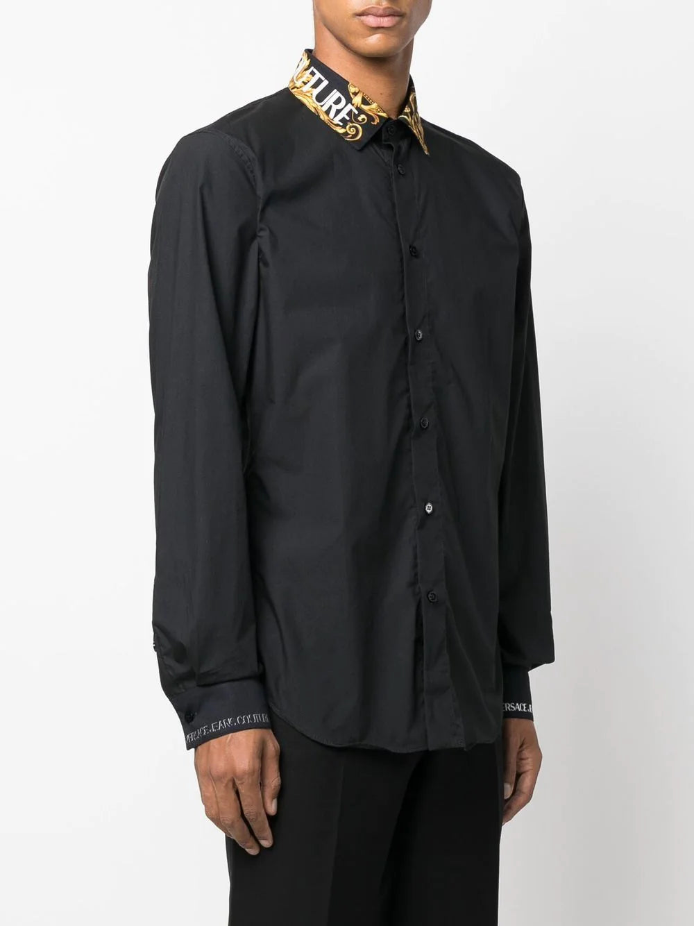 VERSACE Baroque Collar Print Long Sleeve Shirt Black - MAISONDEFASHION.COM