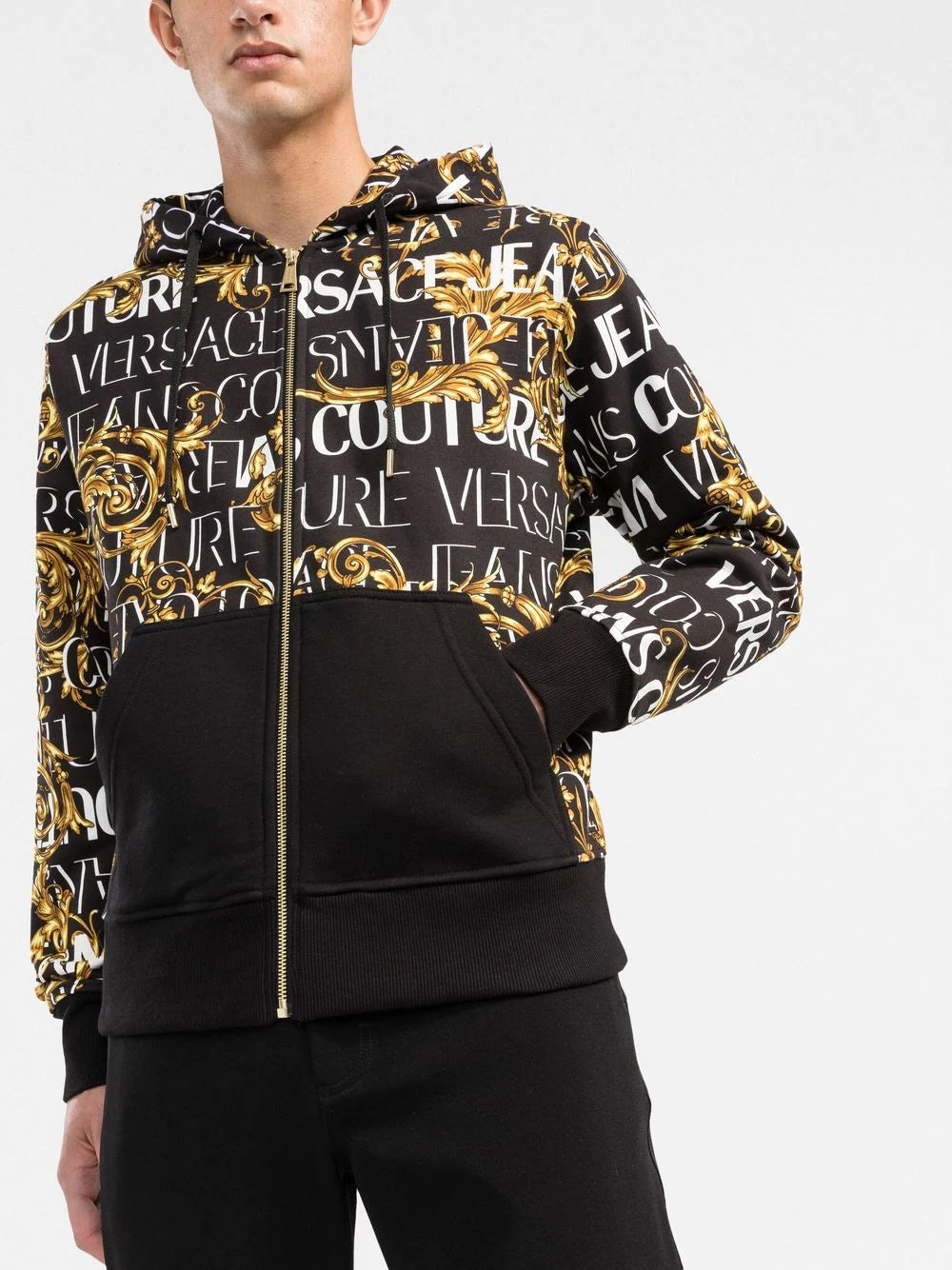 VERSACE Baroque Print Zip Up Hoodie Black - MAISONDEFASHION.COM