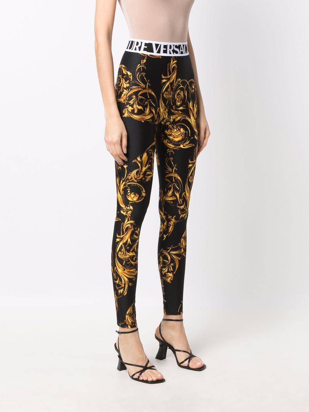 VERSACE WOMEN Baroque Print Logo Waistband Leggings Black - MAISONDEFASHION.COM