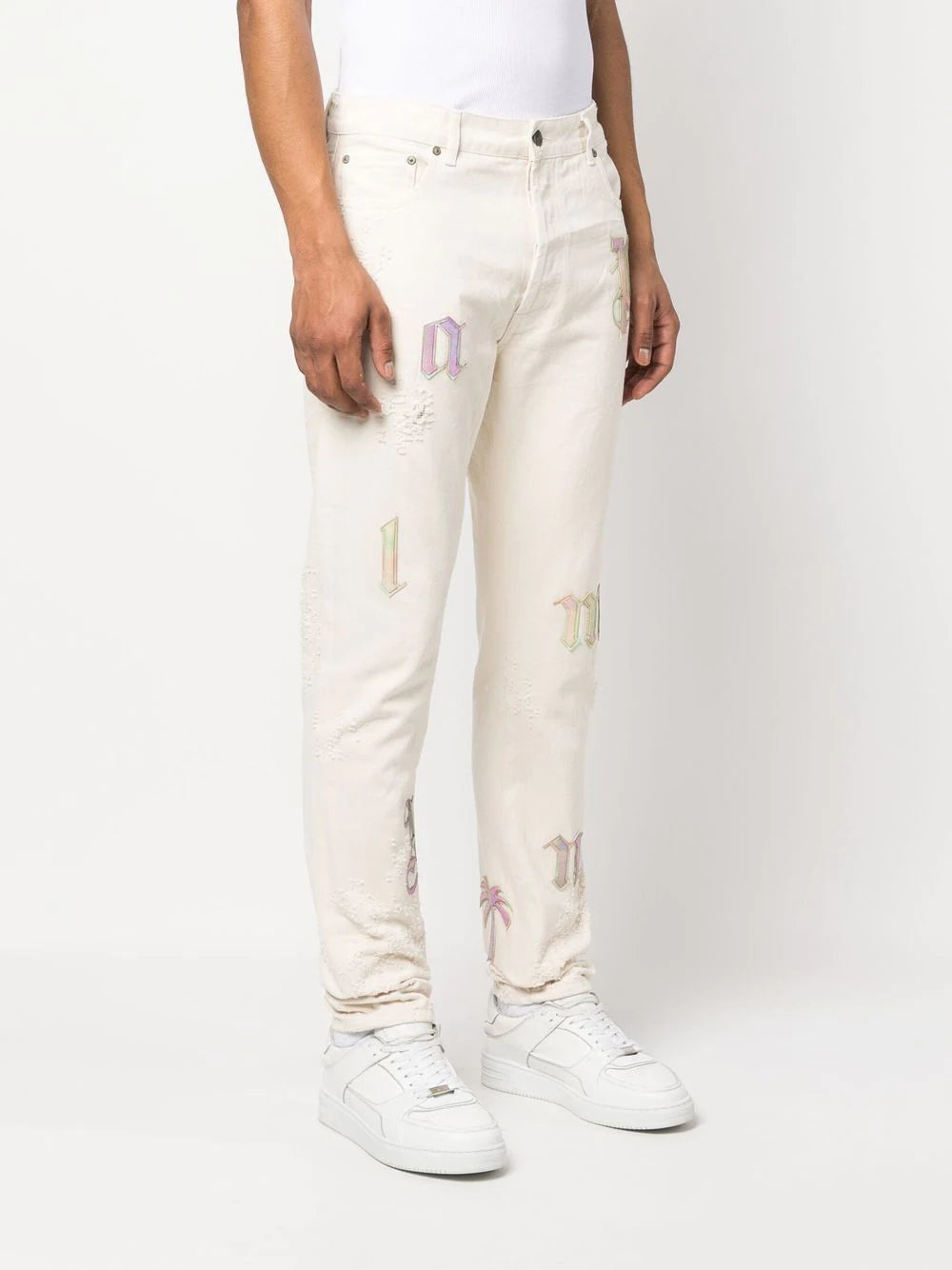 PALM ANGELS Bull Rainbow Logo Patch Reg 5 Pocket Jeans Off White - MAISONDEFASHION.COM