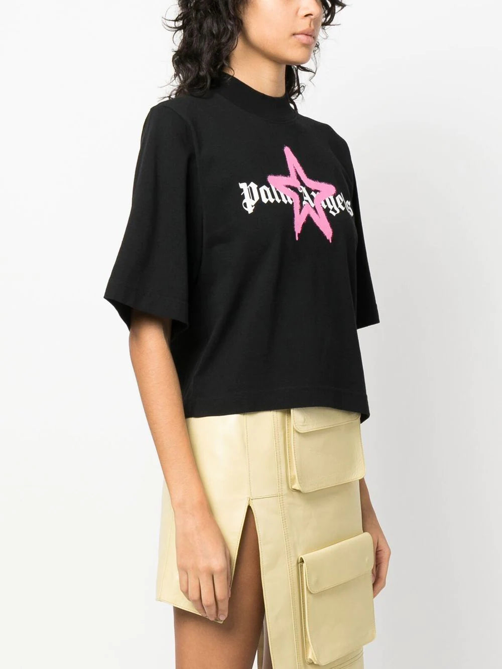 PALM ANGELS WOMEN Star Sprayed Cropped Tee Black/Pink - MAISONDEFASHION.COM