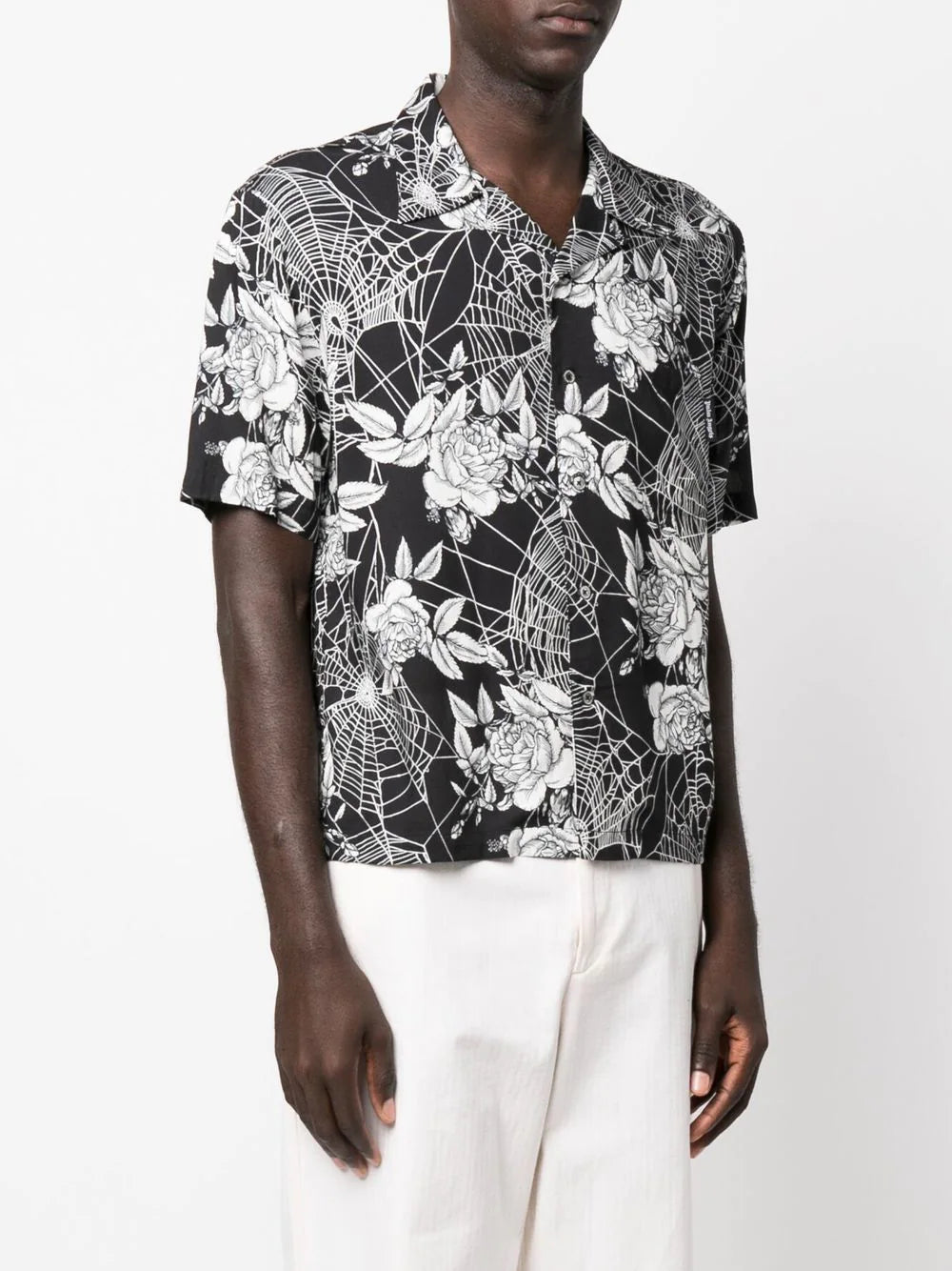 PALM ANGELS Roses Print Bowling Shirt Black/White - MAISONDEFASHION.COM