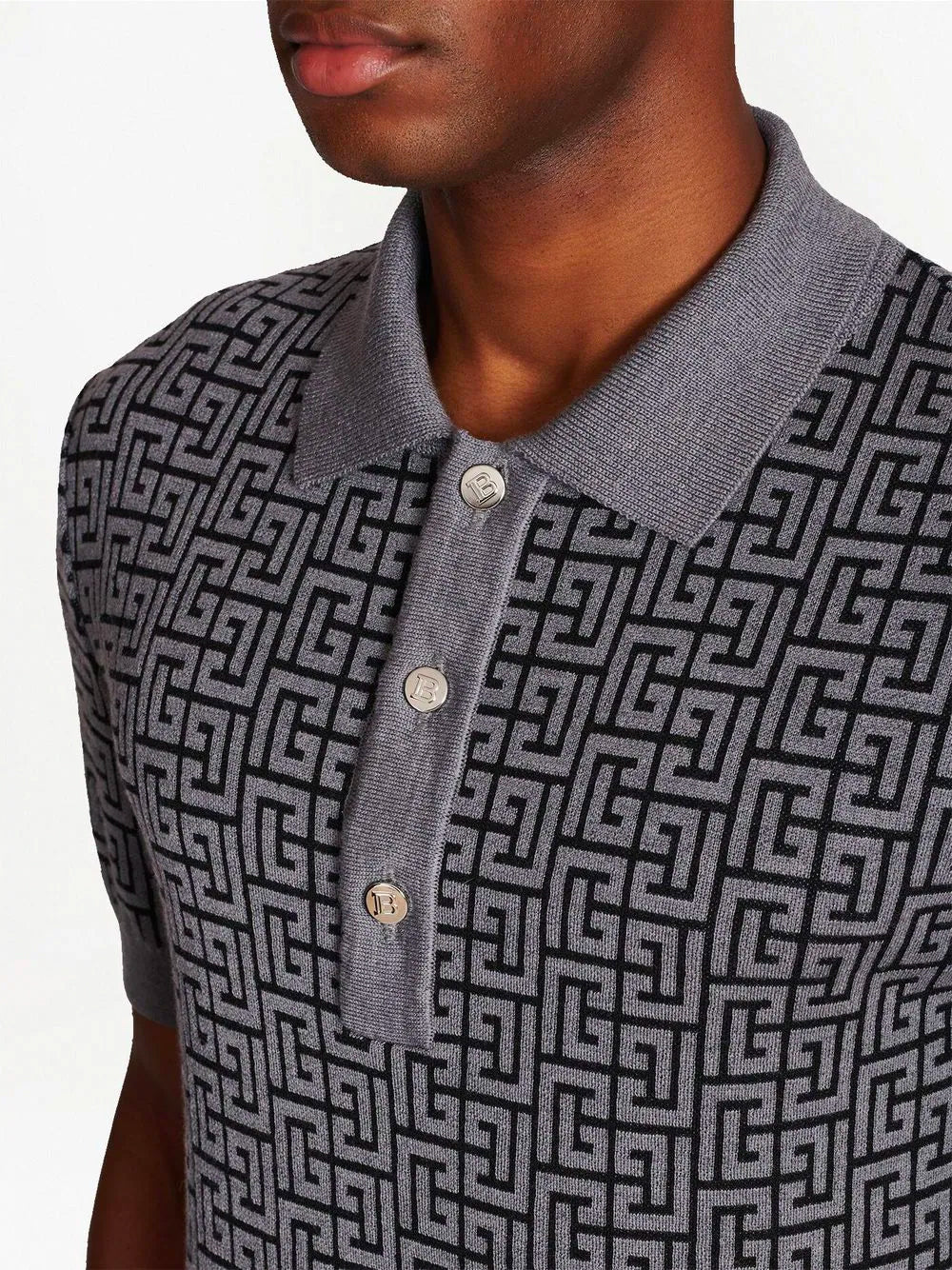 BALMAIN PB-Monogram Polo Shirt Black/Dark Grey - MAISONDEFASHION.COM