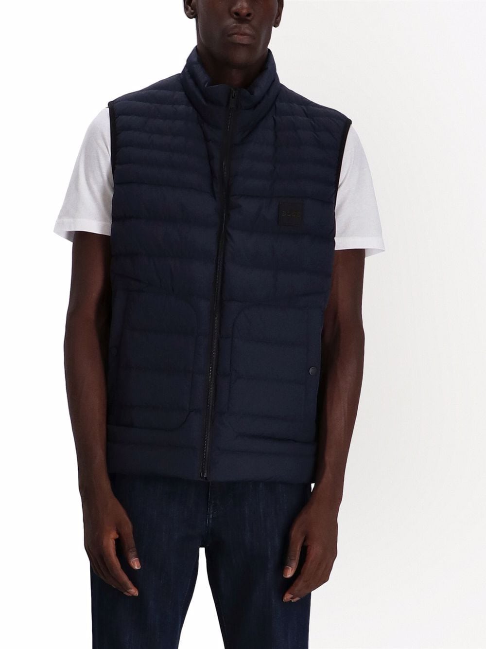 BOSS Logo Patch Down Gilet Navy - MAISONDEFASHION.COM